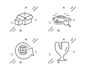 Search car, Packing boxes and World globe line icons set. Fragile package sign. Find transport, Delivery package, Around the world. Safe shipping. Transportation set. Vector