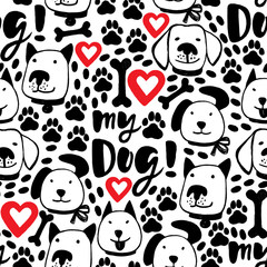 Love my dog vector ink hand drawn seamless pattern with brush lettering, paws traces, bones, hearts and funny dog faces