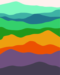 Minimalist landscape design, flat scenery,rainbow mountains ,postcard,nordic scandinavian design,poster