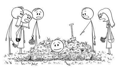 Vector cartoon stick figure drawing conceptual illustration of buried alive man coming out of the grave while people, friends or family members are watching him shocked.
