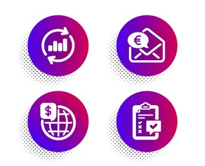 Euro money, Update data and World money icons simple set. Halftone dots button. Checklist sign. Receive cash, Sales chart, Global markets. Survey. Finance set. Classic flat euro money icon. Vector