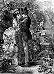 Man in top hat and woman in a flowed hat with a bustle, looking into each others eyes while they enbrace. Vintage drawing, lineart, engraved. Romantic scene. 1872