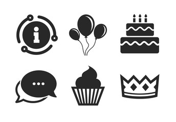 Cake and cupcake signs. Chat, info sign. Birthday crown party icons. Air balloons with rope symbol. Classic style speech bubble icon. Vector