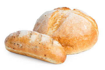 Fresh loaf and a big of bread isolated on white background, close up.