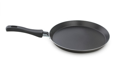Empty black frying pan for pancakes isolated on white background