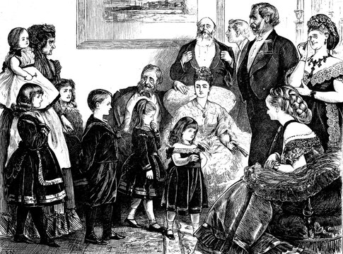 Children walk past review by family and friends, greeting. Line art, vintage, old Black and white drawings. 1872