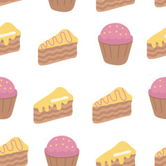 Cupcakes and cakes seamless pattern.Delicious desserts. Pink and yellow.Hand drawn illustration.