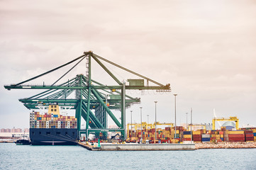Ship-to-shore cranes loading containers from a vessel in harbor enviroment. Transportation industry...