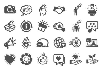 Brand ambassador icons. Influence people, Megaphone and Representative. Handshake, influencer marketing person, social media like icons. Ambassador person. Brand pr. Quality set. Vector