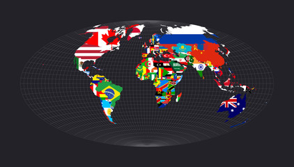 Worldmapwith flags of each country. Aitoff projection. Map of the world with meridians on dark background. Vector illustration.