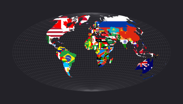 World map with flags of each country. Aitoff projection. Map of the world with meridians on dark background. Vector illustration.
