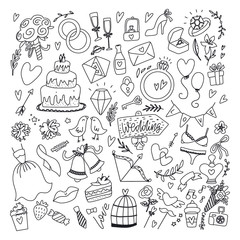 Wedding day elements. Hand drawn set with flowers,bride dress , shoes, glasses for champagne and festive attributes. Drawing doodle collection, isolated on white background. Just married collection