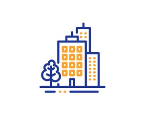 City architecture with tree sign. Buildings line icon. Skyscraper building symbol. Colorful outline concept. Blue and orange thin line buildings icon. Vector