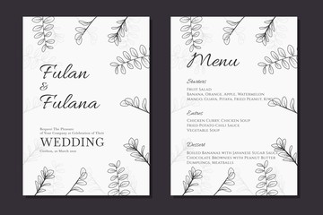 wedding invitation card with doodle floral flower simple elegant abstract vintage retro frame decoration monochrome color background greeting flyer template vector illustration