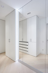 wardrobe with white matte facades and mirror in the dressing room