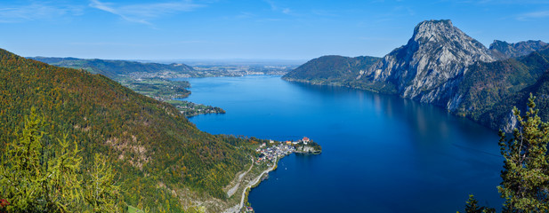 Peaceful autumn Alps mountain Traunsee lake view from Kleiner Sonnstein rock summit, Ebensee, Upper Austria.