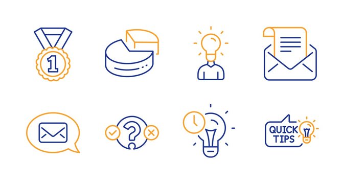 Best rank, Time management and Mail newsletter line icons set. Pie chart, Quiz test and Messenger signs. Education, Education idea symbols. Success medal, Idea lightbulb. Education set. Vector