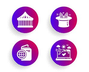 Carousels, Hat-trick and Travel passport icons simple set. Halftone dots button. Airplane travel sign. Attraction park, Magic hat, Trip document. Check in. Holidays set. Vector