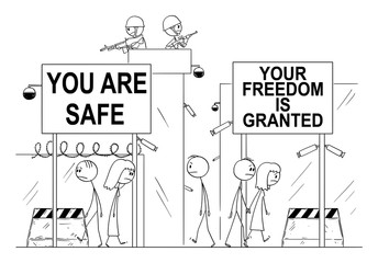 Vector cartoon stick figure drawing conceptual illustration of people walking on the street in world where all freedom was lost for security and safety. Armed soldiers, cameras and barbed wire are all
