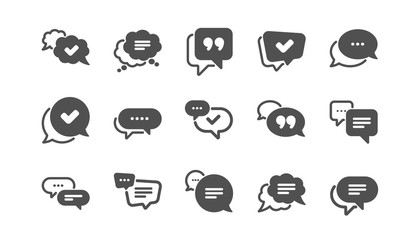 Chat and quote icons. Approved, Checkmark box and Social media message. Chat speech bubble, Tick or check mark, Comment quote icons. Think speech bubble. Classic set. Quality set. Vector