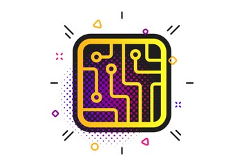Circuit board sign icon. Halftone dots pattern. Technology scheme square symbol. Classic flat technology icon. Vector