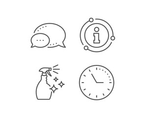 Cleaning spray line icon. Chat bubble, info sign elements. Washing liquid or Cleanser symbol. Housekeeping equipment sign. Linear washing Cleanser outline icon. Information bubble. Vector