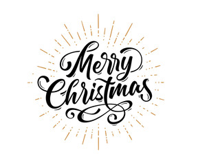 Merry Christmas. Lettering text for Merry Christmas. Greeting card, poster, banner with script text merry christmas. Holiday background with graphic, golden sunburst line rays. Vector Illustration