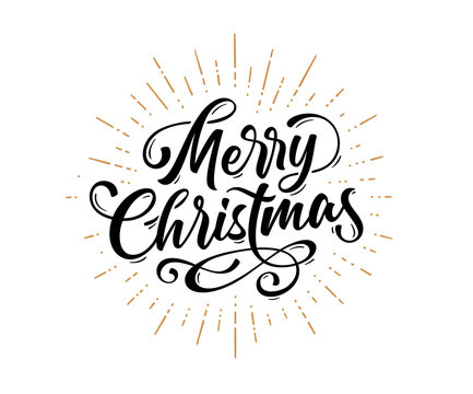 Merry Christmas. Lettering Text For Merry Christmas. Greeting Card, Poster, Banner With Script Text Merry Christmas. Holiday Background With Graphic, Golden Sunburst Line Rays. Vector Illustration