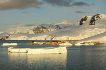 Antarctic icebergs lit by sunlight