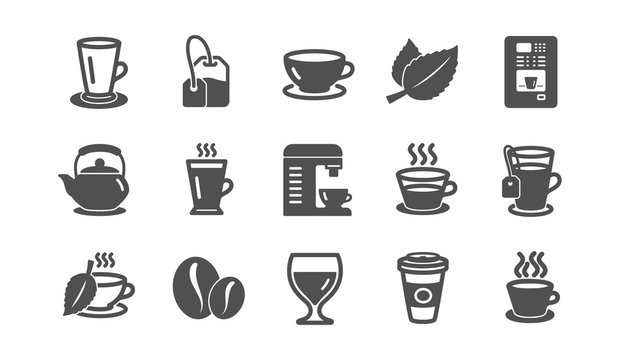 Coffee and Tea icons. Cappuccino, Teapot and Coffeepot. Coffee beans classic icon set. Quality set. Vector