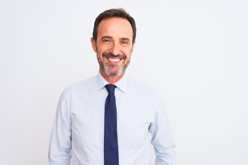 Middle age businessman wearing elegant tie standing over isolated white background with a happy and cool smile on face. Lucky person.