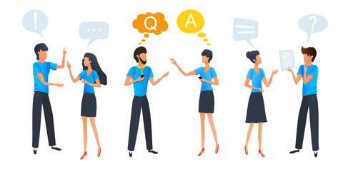 Obraz premium People talking and thinking, group chat communication with colorful dialogue speech bubbles, businessmen discuss social network, customer service, online support, question and answer, faq. Clip art