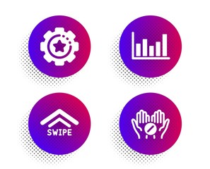 Swipe up, Column chart and Settings gear icons simple set. Halftone dots button. Medical tablet sign. Scrolling arrow, Financial graph, Technology process. Medicine pill. Science set. Vector