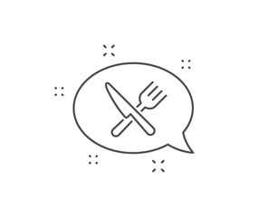 Food line icon. Chat bubble design. Cutlery sign. Fork, knife symbol. Outline concept. Thin line food icon. Vector