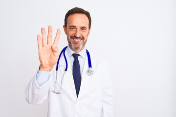 Middle age doctor man wearing coat and stethoscope standing over isolated white background showing and pointing up with fingers number four while smiling confident and happy.