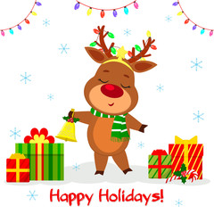 Merry Christmas and happy new year 2020 greeting card. Cute reindeer, on the horns of a garland and a scarf, holds a bell. Snowflakes and a box with gifts. Cartoon style, Vector