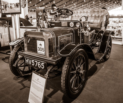 STUTTGART, GERMANY - MARCH 02, 2017: Vintage car Swift 7 HP Two-Seater Tourer, 1904. Sepia. Europe's greatest classic car exhibition "RETRO CLASSICS"