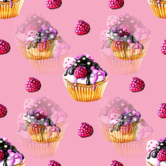seamless pattern pink background raspberry cupcake