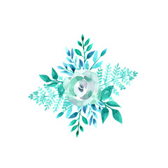 watercolor bouquet design with blue roses, leaves,wild flowers, buds.  background with floral elements , botanic watercolor illustration. Vintage Template. wreath, round frame for wedding