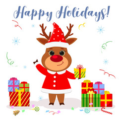 Fototapeta premium Merry Christmas and Happy New Year 2020 Greeting Card. Cute reindeer in a Santa costume holds a box with a gift on a background of snowflakes and serpentine. Cartoon style Vector