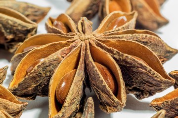 Macro detail of star anise spice isolated. Spices and condiments.