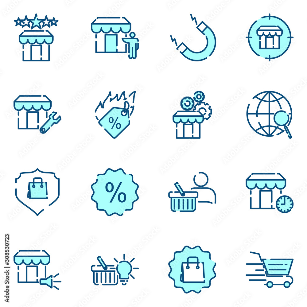 Poster marketing strategy set icon template color editable. marketing pack symbol vector sign isolated on w
