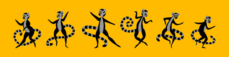 Horizontal banner with cute cartoon lemurs. Set of funny exotic animals on yellow background. Flat vector illustration.