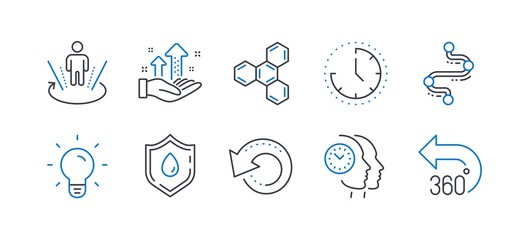 Fototapeta premium Set of Science icons, such as Time, Blood donation, Chemical formula, Augmented reality, Analysis graph, Timeline, Time management, Recovery data, Light bulb, 360 degrees line icons. Vector