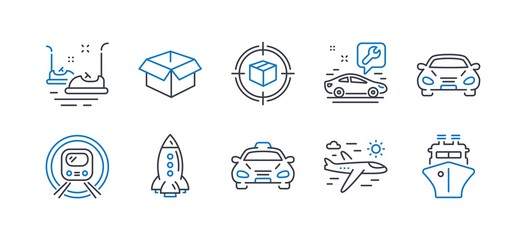 Set of Transportation icons, such as Metro subway, Opened box, Airplane travel, Car service, Parcel tracking, Rocket, Bumper cars, Taxi, Car, Ship line icons. Underground, Shipping parcel. Vector