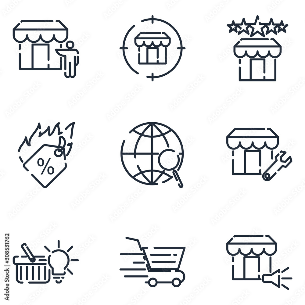 Aufkleber marketing strategy set icon template color editable. marketing pack symbol vector sign isolated on w