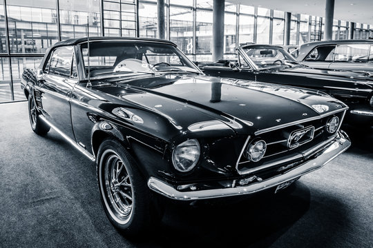 STUTTGART, GERMANY - MARCH 03, 2017: Pony car Ford Mustang convertible, 1967. Black and white.  Europe's greatest classic car exhibition "RETRO CLASSICS"