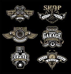 Obraz premium Set of vintage monochrome auto emblems, badges, logos on a dark background.
