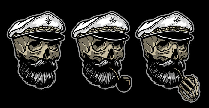 Skull of a sailor in a knitted hat and with a tobacco pipe. In three options on a dark background. Vector illustration.