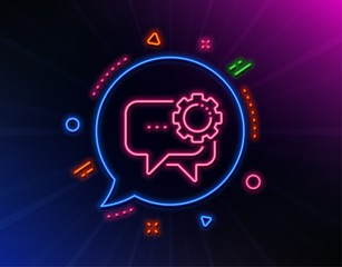 Employees messenger line icon. Neon laser lights. Speech bubble sign. Chat message symbol. Glow laser speech bubble. Neon lights chat bubble. Banner badge with employees messenger icon. Vector